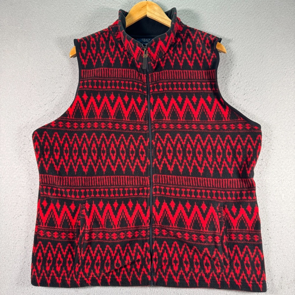 Chaps Aztec Sweater Vest Womens 2X Red Black Full Zip Fleece Western Lightweight